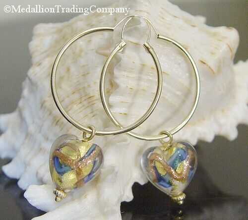 14k Yellow Gold Blue Murano Italian Glass Heart Removable Charms + 1 inch Hoops