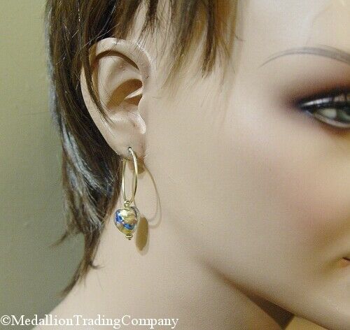 14k Yellow Gold Blue Murano Italian Glass Heart Removable Charms + 1 inch Hoops