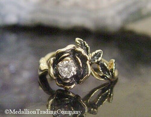 14k Yellow Gold .30 Carat Diamond Enamel Rose Bud Flower Bloom Ring Size 6