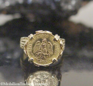 Antique 14k Yellow Gold 1945 Dos Pesos Estados Unidos Mexicanos Coin Ring