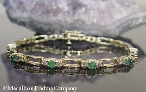 14k Yellow Gold 1.6 carat Emerald Diamond Line Rectangle Tennis Bracelet 11.15 g