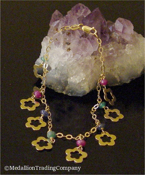 18k Multi Gem Ruby Sapphire Emerald Bead Flower Dangle Charm Cable Link Bracelet