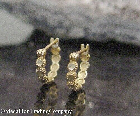 10k Solid Yellow Gold 11mm Sparkle Disk Bead Huggies Hoop Earrings 2nd 3rd Hole