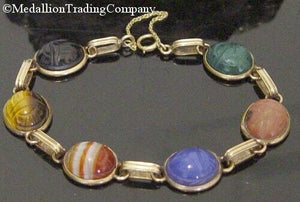 14k yellow gold oval gemstone carved scarab bracelet w/safety chain 7.5 inches
