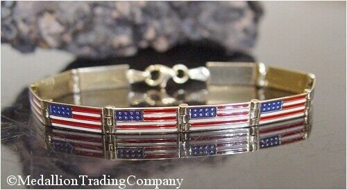 10k yellow gold patriotic usa american flag enamel panel link bracelet 7 inches