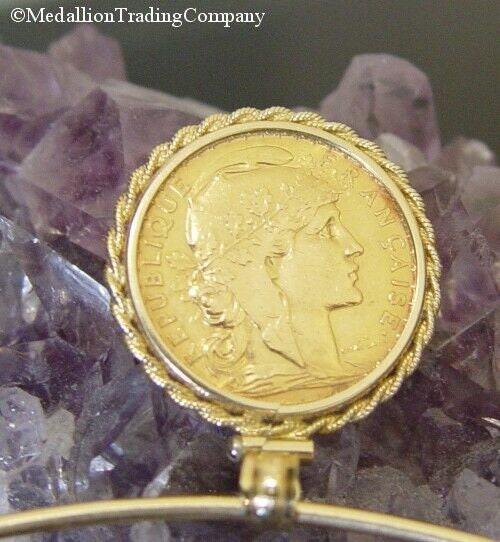 1902 20 francs liberty head rooster coin 14k twist bead edge bezel pendant