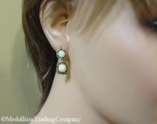 14k yellow gold white blue flash milk opal antique victorian dangle earrings