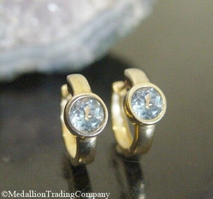 14k yellow gold 1.5 carat sky blue topaz bezel set gemstone huggies hoop earring