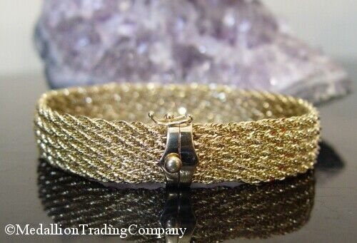 14k yellow gold 14mm 5 row sparkle rope twist woven mesh bracelet  8.7 gr 7.25"