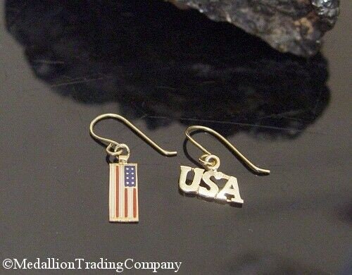 14k yellow gold usa enamel flag hook wire drop patriotic earrings