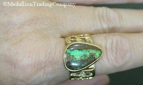 Huge 14k Yellow Gold Black Boulder Opal in Matrix Green Brown Blue SZ 8 Ring