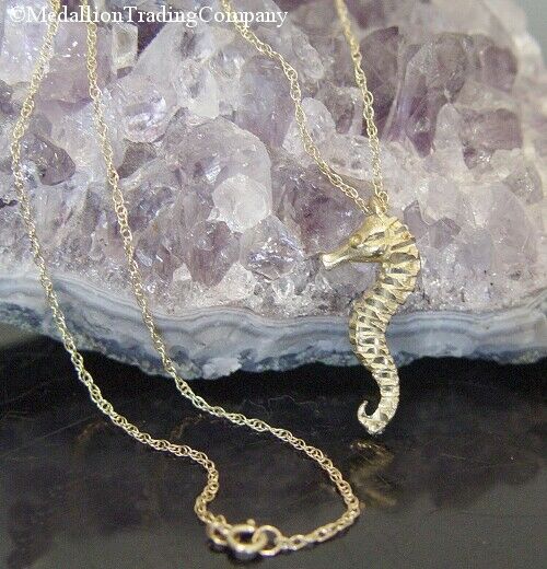 14k Yellow Gold Large Diamond Cut Seahorse Slide Pendant 18" Chain Necklace