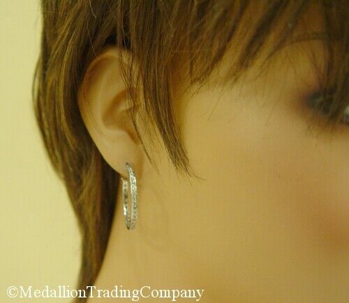 14k White Gold Prong Set .64 Carat Diamond Eternity 1 Inch Hoop Earrings