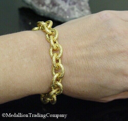 QVC 14K Yellow Gold 12mm Etched Rolo Bracelet Milor Senora Toggle Clasp 9" 12.5g