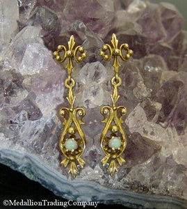 Antique Victorian14k Yellow Gold Blue Welo Opal Fleur Di Lis Pendulum Earrings