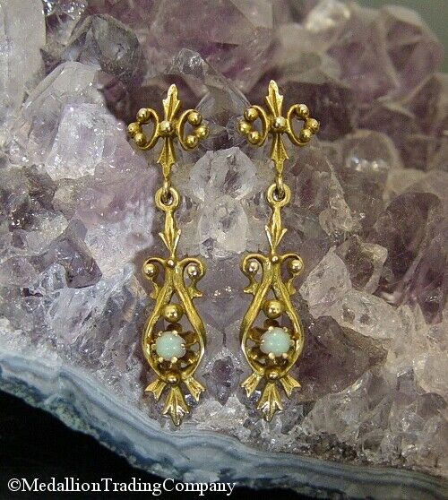 Antique Victorian14k Yellow Gold Blue Welo Opal Fleur Di Lis Pendulum Earrings