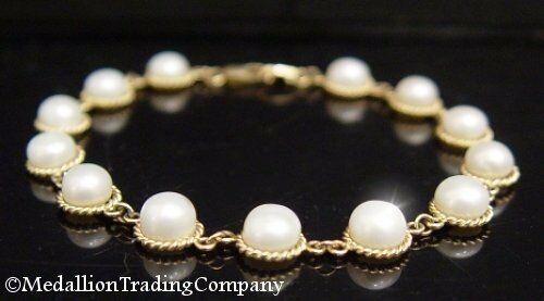 14k Yellow Gold 6mm White Button Pearl Rope Edge Link Tennis Bracelet 7.5 Inch