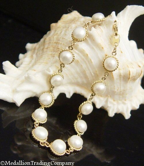 14k Yellow Gold 6mm White Button Pearl Rope Edge Link Tennis Bracelet 7.5 Inch