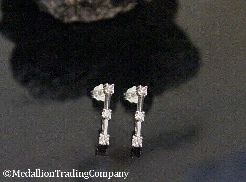 14k White Gold .27 Carat Triple Vertical Line Diamond Bar Earrings .60 inch drop