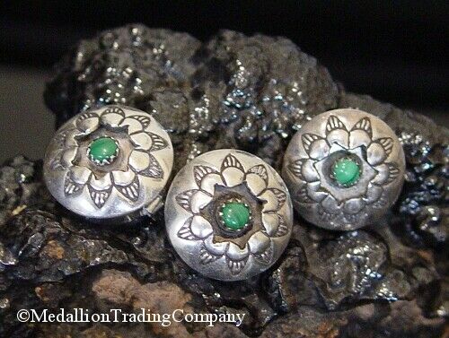 Vintage Old Pawn Navajo Sterling Button Covers Feathers Green Malachite Set of 3