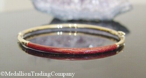 14k Yellow Gold Red Marbled Enamel Panel Clamper Stacking Bangle Bracelet 7 Inch