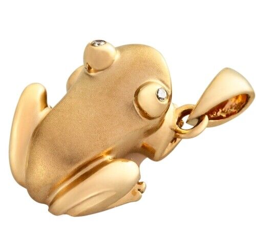 Solid 14K Yellow Gold Coqui Tree Frog Pendant Diamond Eye Retail $748 Barquet PR