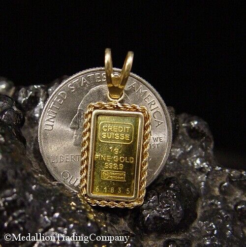 Credit Suisse 1 Gram Fine .999 Bullion Gold Bar 24k 14K Rope Gold Bezel Pendant