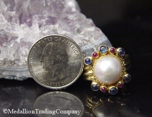 14k Yellow Gold Mabe Pearl Sapphire Ruby Cabochon Byzantine Etruscan Ring Sz 10