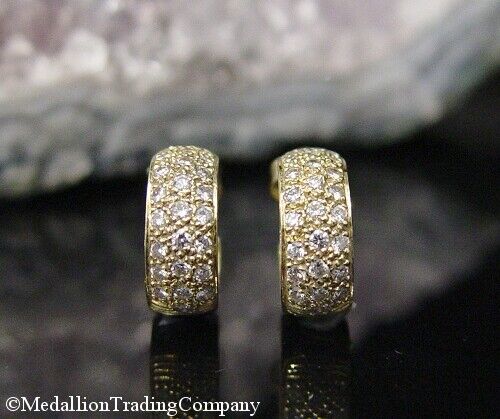 18k Yellow Gold .48 carat Pave' Diamond Huggie .50 inch Hoop Earrings 5mm Wide