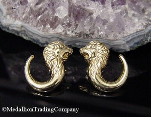 14k Yellow Gold Roaring Lion Serpent Heraldic French Clip Omega Back  Earrings