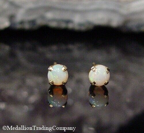 14k Solid Yellow Gold Natural Welo Opal 4mm Prong Cabochon Stud Ball Earrings