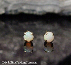 14k Solid Yellow Gold Natural Welo Opal 4mm Prong Cabochon Stud Ball Earrings