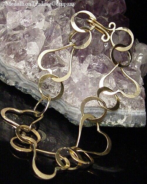 Artisan 14K Yellow Gold 17mm Geometric Open Heart Circle Chain Link Bracelet
