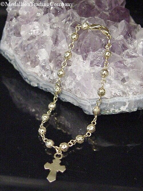 Vintage 14K Yellow Gold Catholic Cross Charm Rosary Ball Bead Style Bracelet 7"