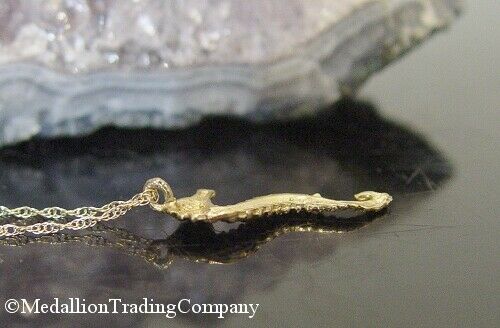 14k Yellow Gold Large Diamond Cut Seahorse Slide Pendant 18" Chain Necklace