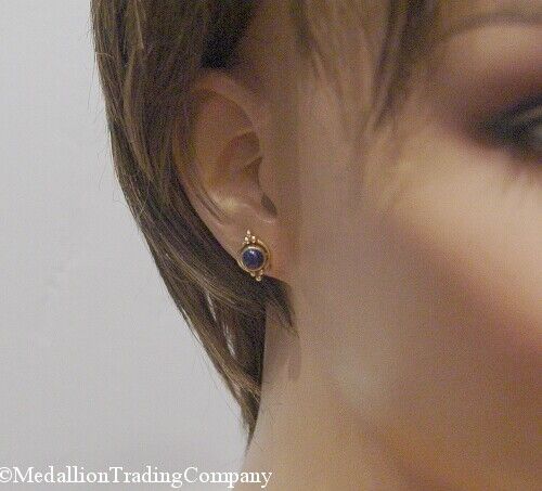 14k Yellow Gold Blue Lapis Lazuli Native American Bezel Set Bead Earrings