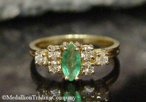 14k Yellow Gold Light Vivid Green Marquise Emerald Diamond Ring .70 Carat Size 6