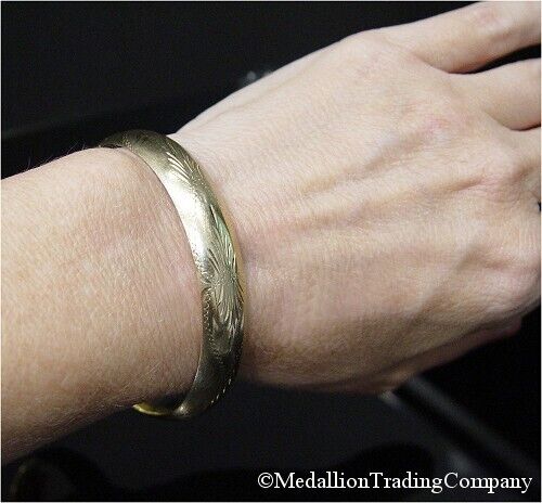 14K Solid Yellow Gold Etched Florentine 11mm 7 Inch Dome Hinged Bangle Bracelet