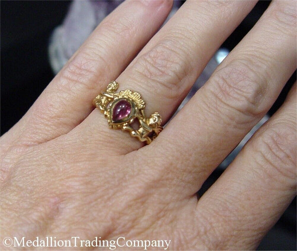 14k Yellow Gold Victorian Cherub Angel Crown Ring with Pink Tourmaline Size 5