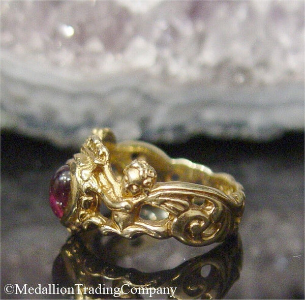 14k Yellow Gold Victorian Cherub Angel Crown Ring with Pink Tourmaline Size 5