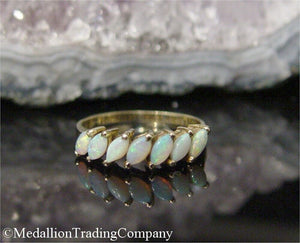14k Yellow Gold Marquise Welo Blue Opal Line Prong Set Stack Band Ring size 7