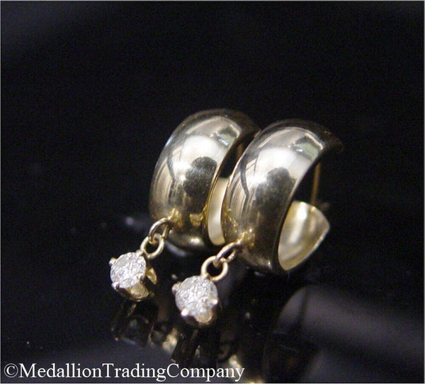 14k Yellow Gold .20 Diamond Dangle .50 Inch Huggie Hoop Earrings 6mm Wide