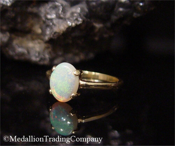 14k Yellow Gold  AAA Welo Blue Opal Prong Set 9mm Plain Solitaire Ring size 6