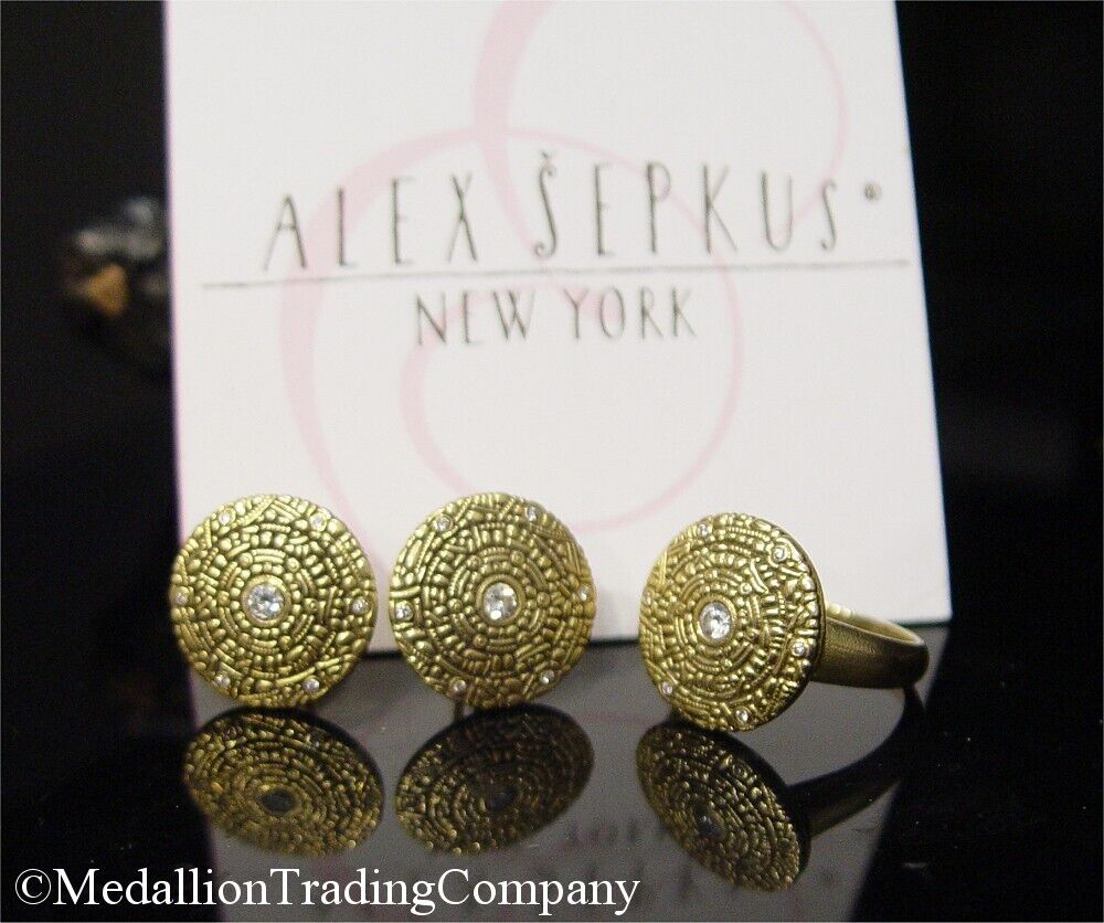 18k Yellow Gold Alex Sepkus New York Diamond Mayan Shield Ring Omega Earring Set