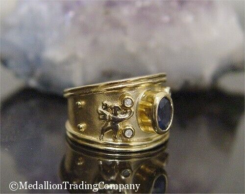 14k Yellow Gold Diamond Sapphire Byzantine Etruscan Cherub Cigar Band Angel Ring