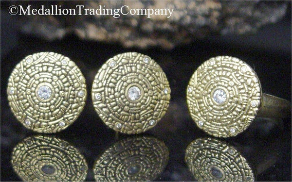 18k Yellow Gold Alex Sepkus New York Diamond Mayan Shield Ring Omega Earring Set