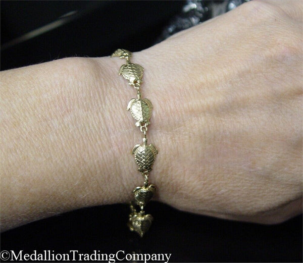 14k Yellow Gold 3D Swimming Sea Turtle Hawaiian Honu Link Bracelet 7.5 Inches