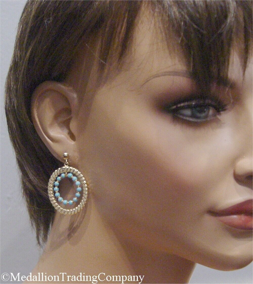 14k Yellow Gold Turquoise Bead Double Twist Hoop Dangle Earrings 1.65 inches