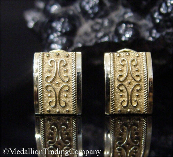 14k Yellow Gold Byzantine Etruscan Omega French Clip Earrings Rectangle 16mm AE