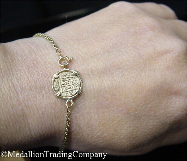 14k Yellow Gold Atocha Replica Shipwreck Pirate Coin Twist Rope Bracelet 7.5"